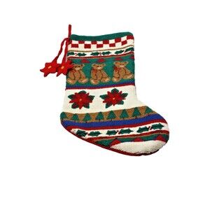 VTG Christmas Stocking Childs Teddy Bear Hooked Loop Crocheted